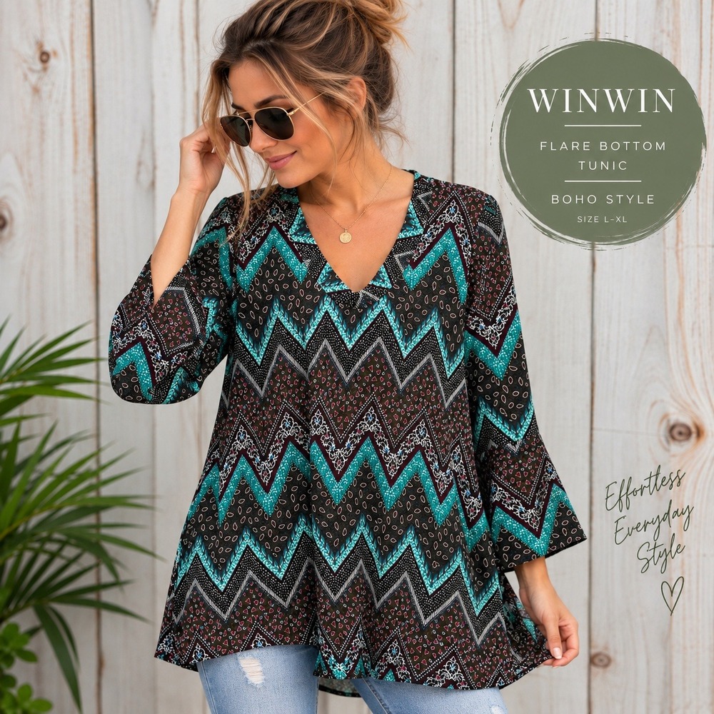 WinWin Boho Flare Bottom Tunic Teal Chevron Paisley V-Neck Bell Sleeve Top L-XL